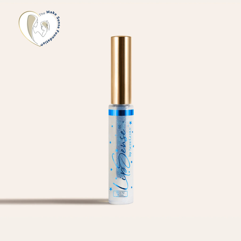 LipSense moisturizing gloss in a clear tube with blue star pattern and a tall gold cap.