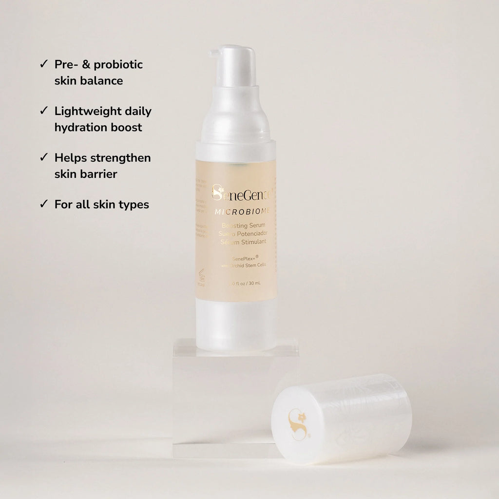 SeneGence Microbiome Boosting Serum product with benefit callouts .