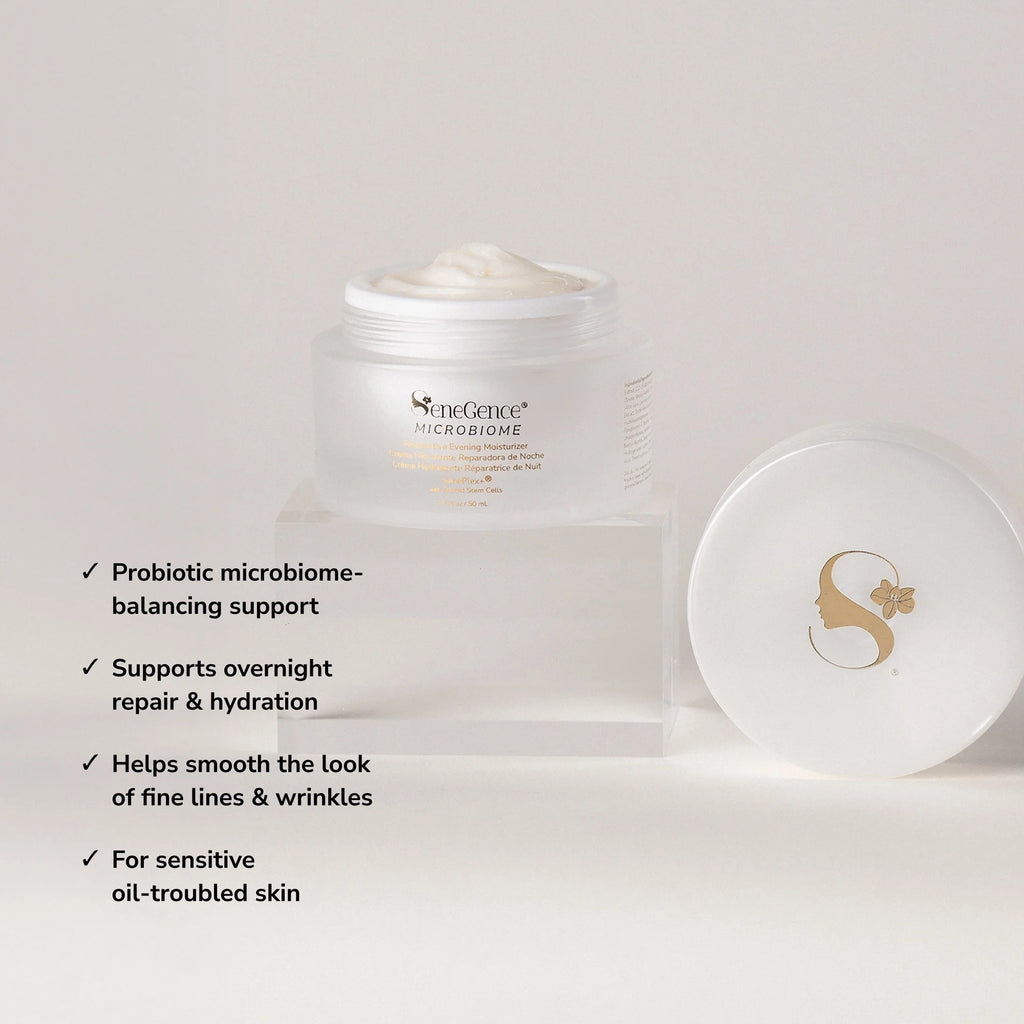 Microbiome Restorative Evening Moisturizer benefit callouts.